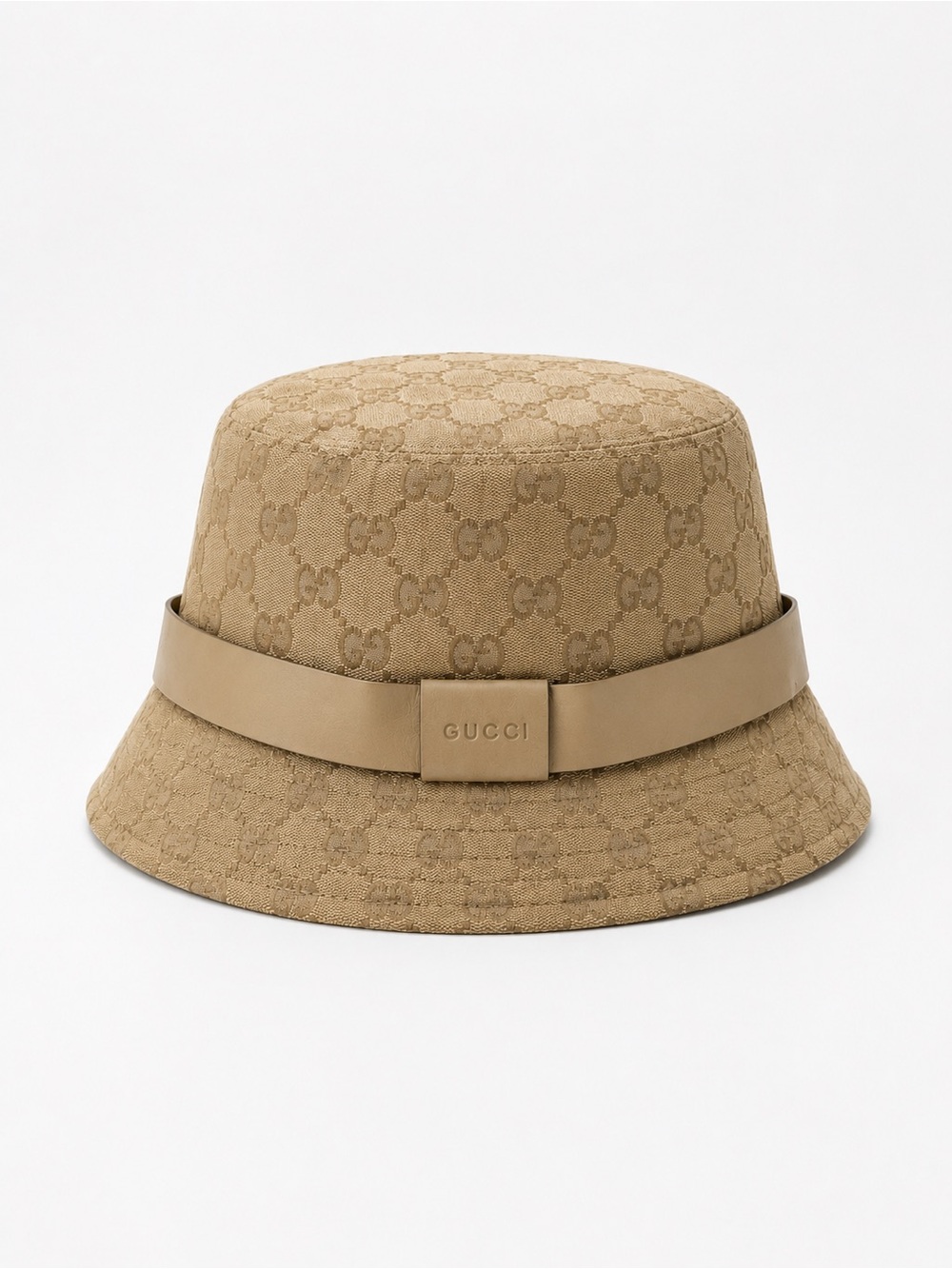 Gucci GG Monogram Canvas Bucket Hat Beige Leather Trim Made in Italy